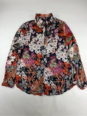 Zara Woman Botanical Floral Button Down Shirt Navy Orange Pink Size M